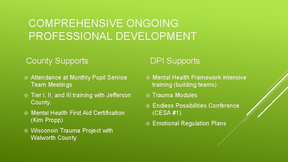 COMPREHENSIVE ONGOING PROFESSIONAL DEVELOPMENT County Supports DPI Supports Attendance at Monthly Pupil Service Team COMPREHENSIVE ONGOING PROFESSIONAL DEVELOPMENT County Supports DPI Supports Attendance at Monthly Pupil Service Team