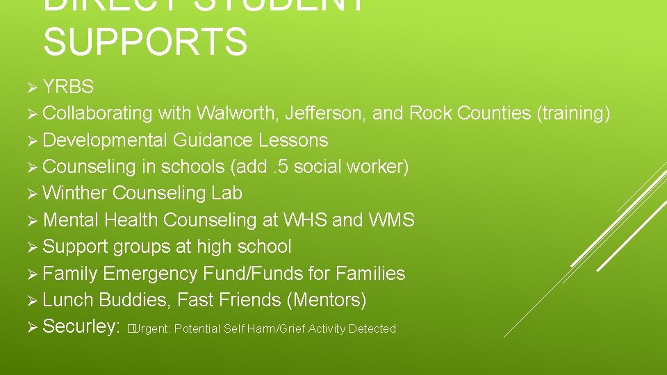 DIRECT STUDENT SUPPORTS Ø YRBS Ø Collaborating with Walworth, Jefferson, and Rock Counties (training) DIRECT STUDENT SUPPORTS Ø YRBS Ø Collaborating with Walworth, Jefferson, and Rock Counties (training)
