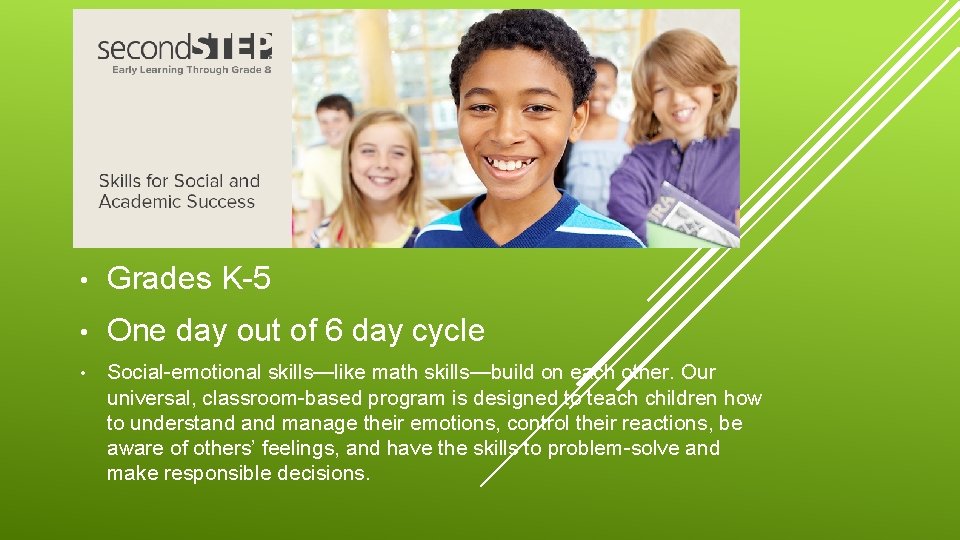 SECOND STEP • Grades K-5 • One day out of 6 day cycle • SECOND STEP • Grades K-5 • One day out of 6 day cycle •