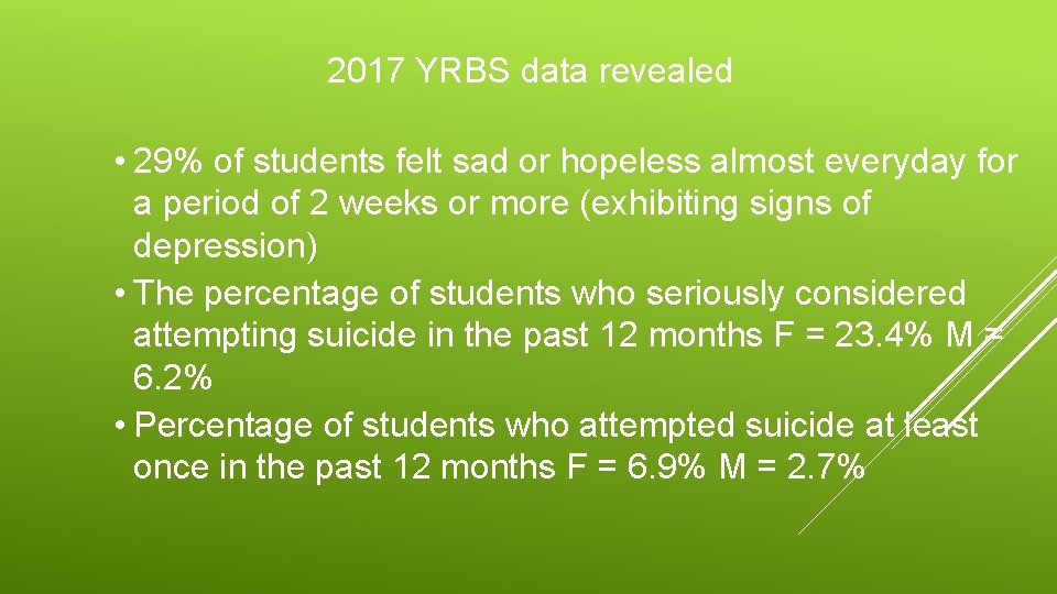 2017 YRBS data revealed • 29% of students felt sad or hopeless almost everyday 2017 YRBS data revealed • 29% of students felt sad or hopeless almost everyday