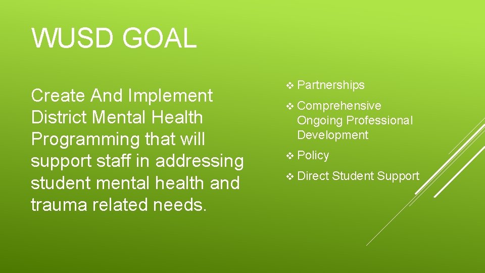 WUSD GOAL Create And Implement District Mental Health Programming that will support staff in WUSD GOAL Create And Implement District Mental Health Programming that will support staff in