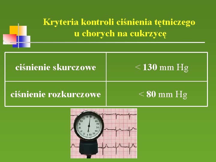 Kryteria kontroli ciśnienia tętniczego u chorych na cukrzycę ciśnienie skurczowe < 130 mm Hg