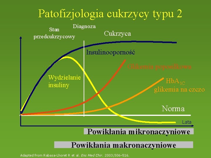 Patofizjologia cukrzycy typu 2 Diagnoza Stan przedcukrzycowy Cukrzyca Insulinooporność Glikemia poposiłkowa Wydzielanie insuliny Hb.