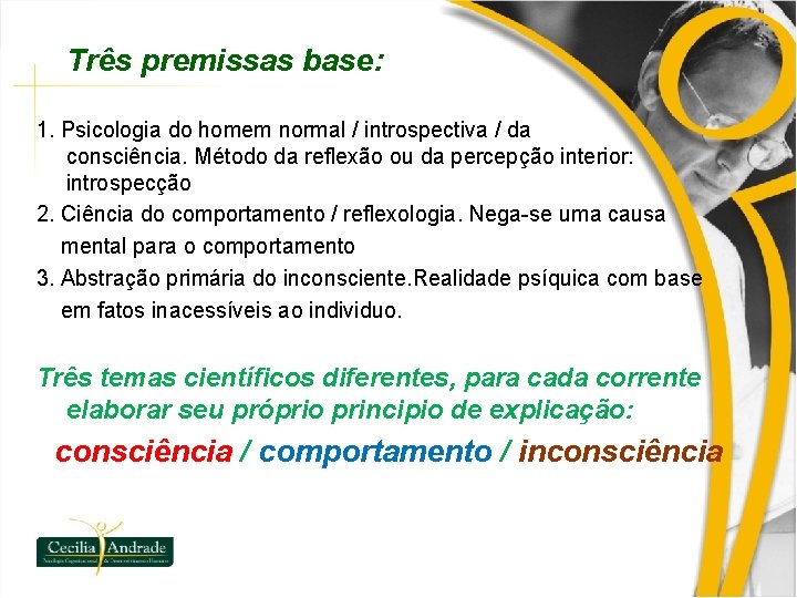 Três premissas base: 1. Psicologia do homem normal / introspectiva / da consciência. Método