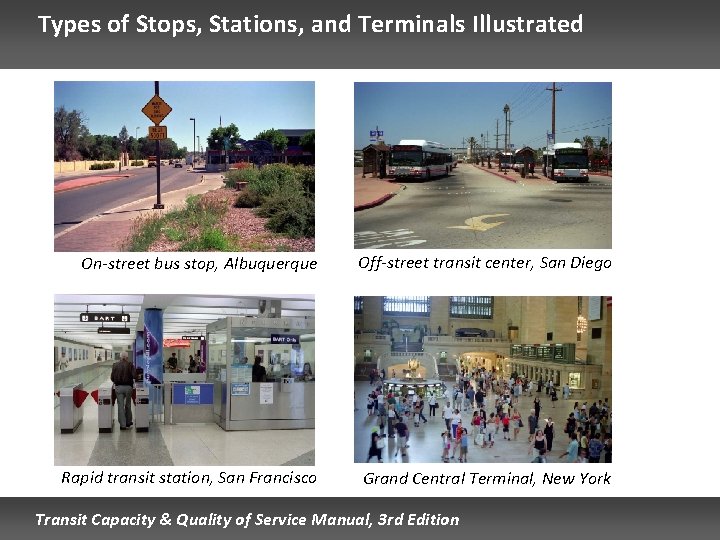 Types of Stops, Stations, and Terminals Illustrated On-street bus stop, Albuquerque Off-street transit center,