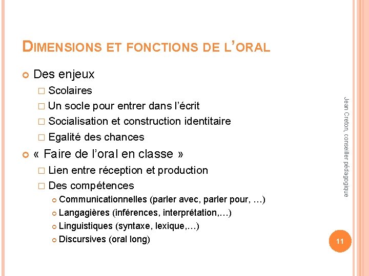 DIMENSIONS ET FONCTIONS DE L’ORAL Des enjeux � Scolaires � Socialisation et construction identitaire