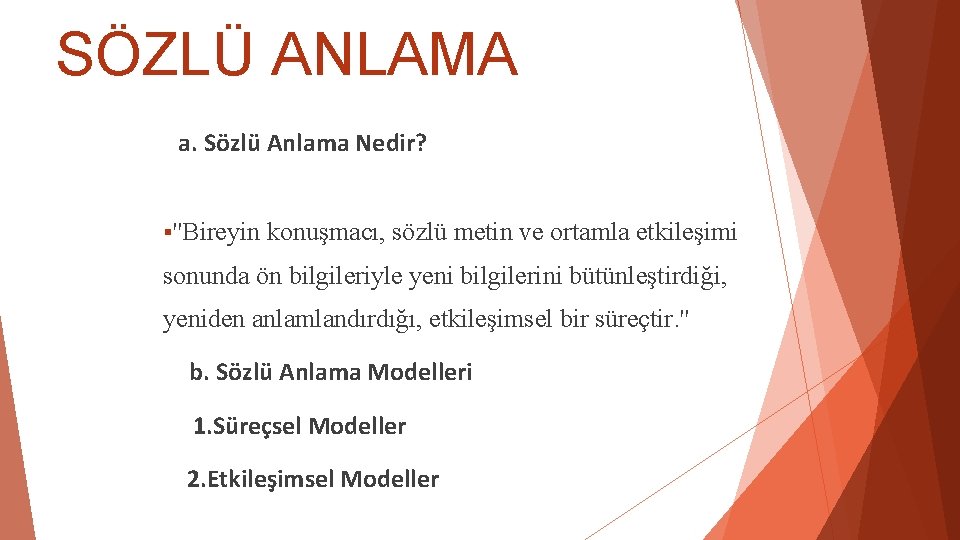 SÖZLÜ ANLAMA a. Sözlü Anlama Nedir? ''Bireyin konuşmacı, sözlü metin ve ortamla etkileşimi sonunda SÖZLÜ ANLAMA a. Sözlü Anlama Nedir? ''Bireyin konuşmacı, sözlü metin ve ortamla etkileşimi sonunda