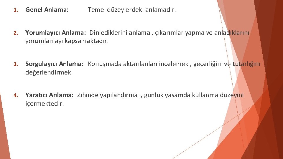 1. Genel Anlama: Temel düzeylerdeki anlamadır. 2. Yorumlayıcı Anlama: Dinlediklerini anlama , çıkarımlar yapma 1. Genel Anlama: Temel düzeylerdeki anlamadır. 2. Yorumlayıcı Anlama: Dinlediklerini anlama , çıkarımlar yapma