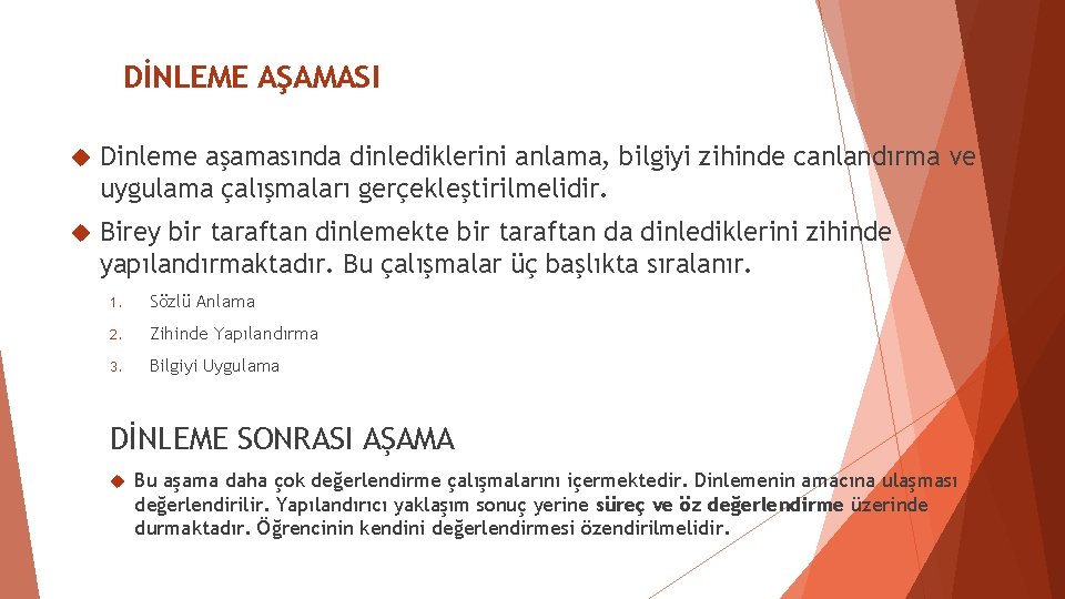 DİNLEME AŞAMASI Dinleme aşamasında dinlediklerini anlama, bilgiyi zihinde canlandırma ve uygulama çalışmaları gerçekleştirilmelidir. Birey DİNLEME AŞAMASI Dinleme aşamasında dinlediklerini anlama, bilgiyi zihinde canlandırma ve uygulama çalışmaları gerçekleştirilmelidir. Birey
