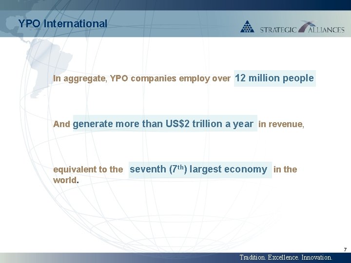 YPO International In aggregate, YPO companies employ over 12 million people And generate more