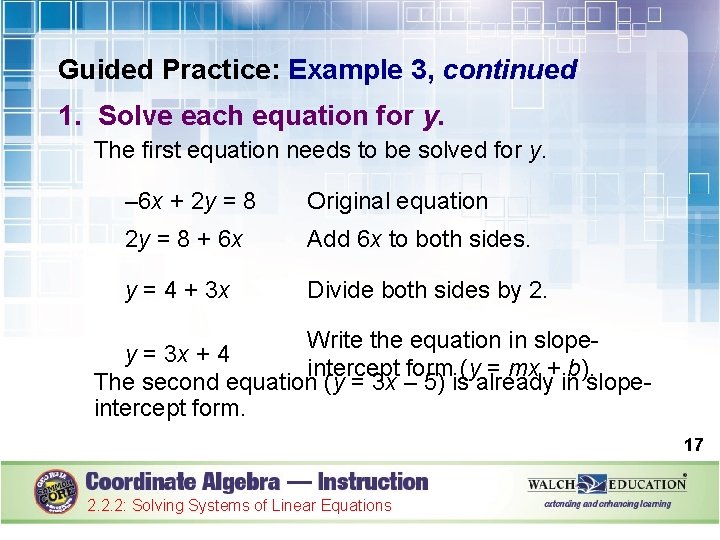 Guided Practice: Example 3, continued 1. Solve each equation for y. The first equation