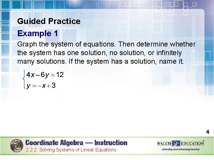 Guided Practice Example 1 Graph the system of equations. Then determine whether the system