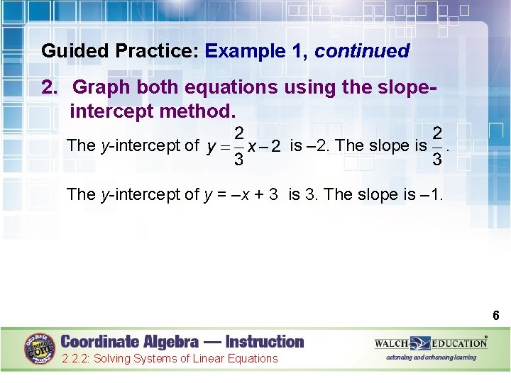 Guided Practice: Example 1, continued 2. Graph both equations using the slopeintercept method. The