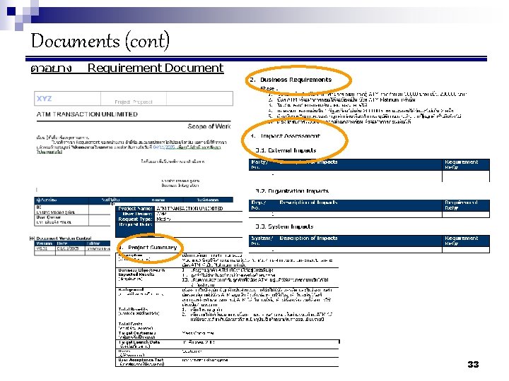 Documents (cont) ตวอยาง Requirement Document 33 