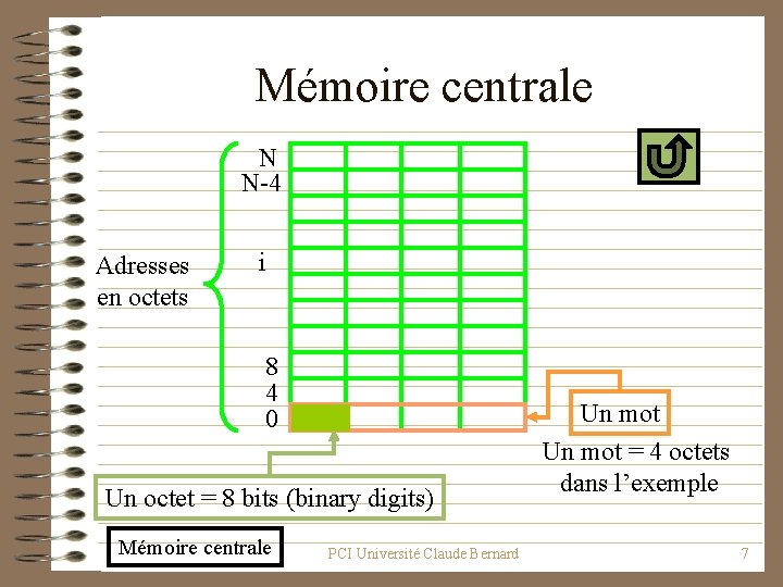 Mémoire centrale N N-4 Adresses en octets i 8 4 0 Un octet =