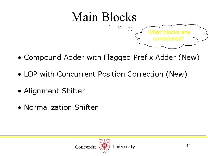 Main Blocks What blocks are considered? • Compound Adder with Flagged Prefix Adder (New)