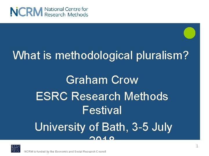 What is methodological pluralism? Graham Crow ESRC Research Methods Festival University of Bath, 3