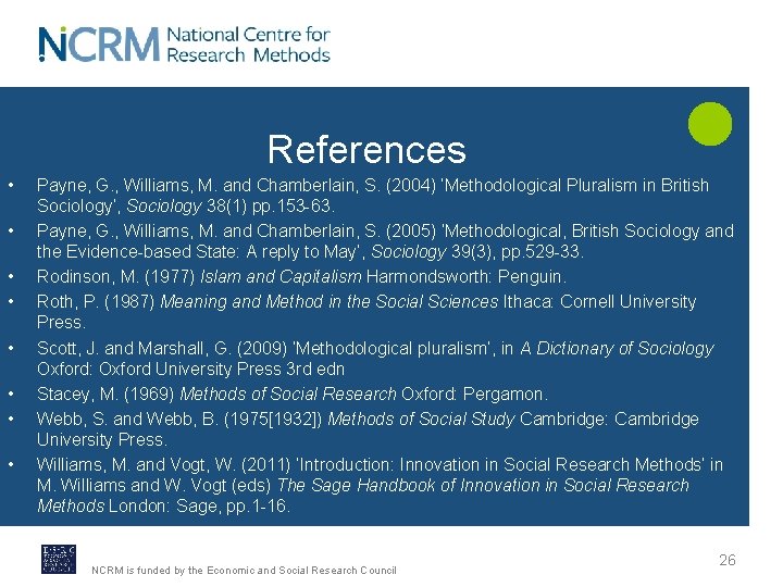 References • • Payne, G. , Williams, M. and Chamberlain, S. (2004) ‘Methodological Pluralism References • • Payne, G. , Williams, M. and Chamberlain, S. (2004) ‘Methodological Pluralism