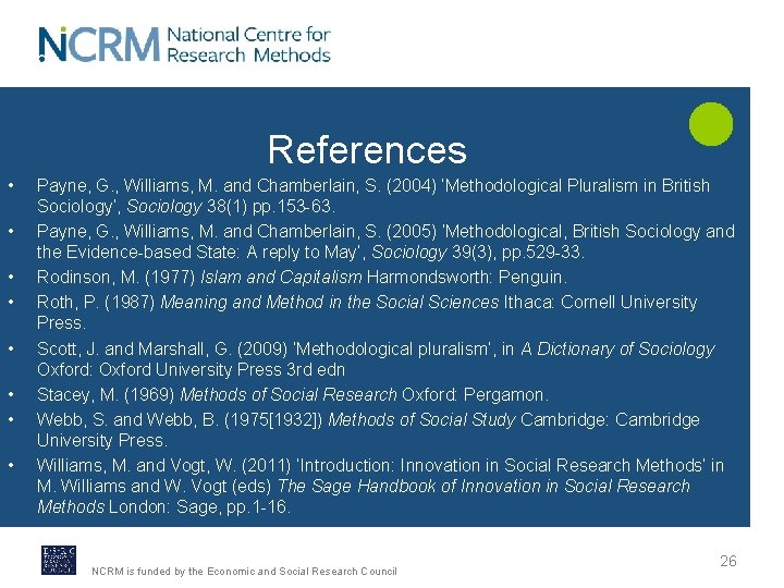 References • • Payne, G. , Williams, M. and Chamberlain, S. (2004) ‘Methodological Pluralism