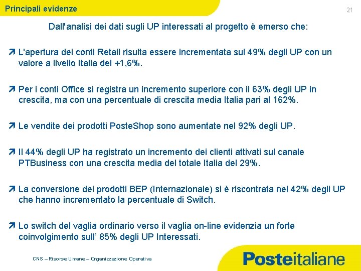 Principali evidenze 21 Dall'analisi dei dati sugli UP interessati al progetto è emerso che: