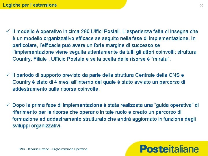 Logiche per l’estensione 22 ü Il modello è operativo in circa 280 Uffici Postali.