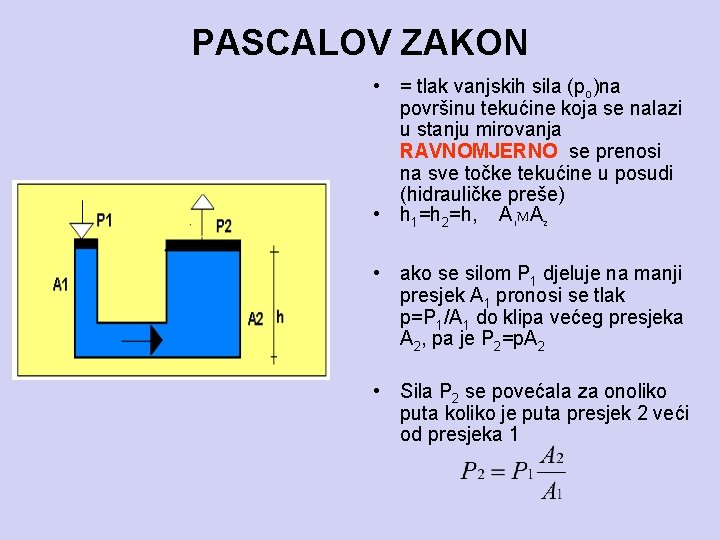PASCALOV ZAKON • = tlak vanjskih sila (po)na površinu tekućine koja se nalazi u