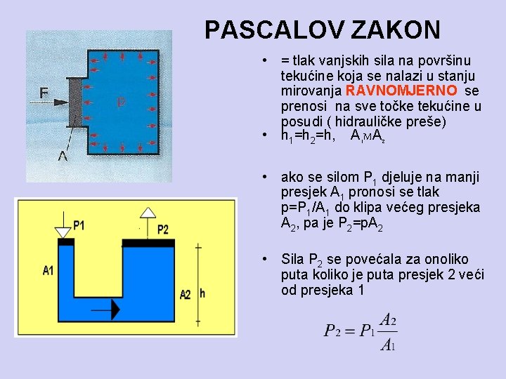 PASCALOV ZAKON • = tlak vanjskih sila na površinu tekućine koja se nalazi u