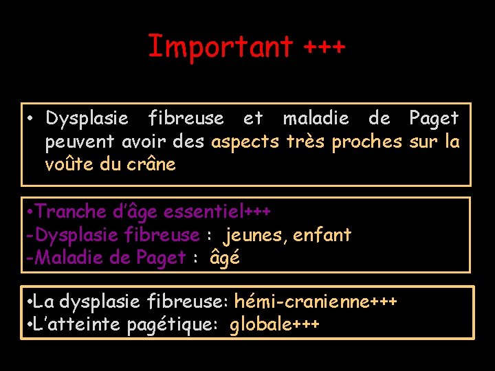 Important +++ • Dysplasie fibreuse et maladie de Paget peuvent avoir des aspects très