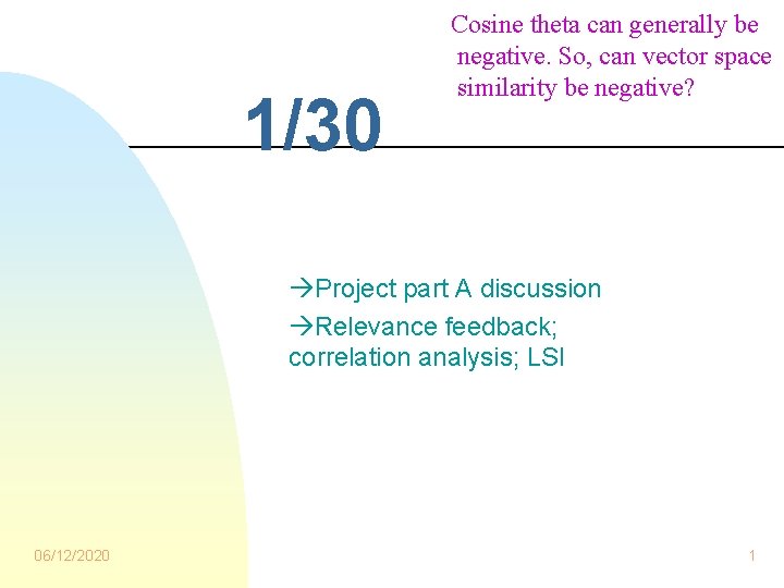 1/30 Cosine theta can generally be negative. So, can vector space similarity be negative?