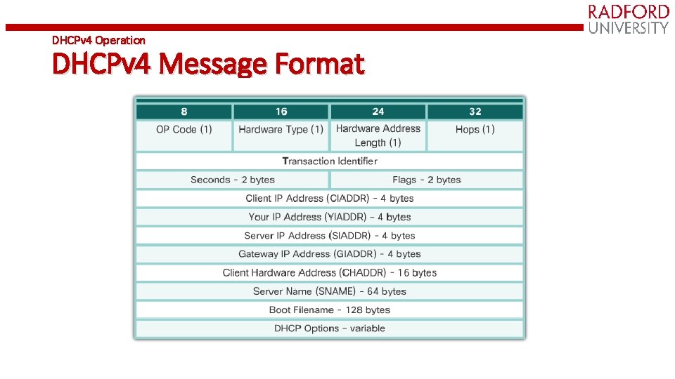 DHCPv 4 Operation DHCPv 4 Message Format 