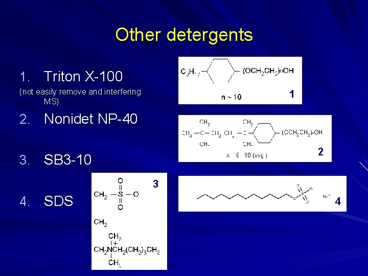 Other detergents 1. Triton X-100 (not easily remove and interfering MS) 1 2. Nonidet Other detergents 1. Triton X-100 (not easily remove and interfering MS) 1 2. Nonidet