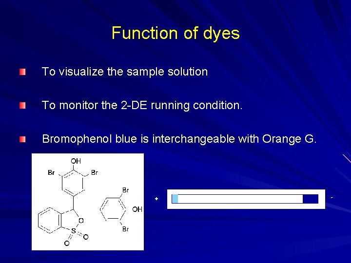 Function of dyes To visualize the sample solution To monitor the 2 -DE running Function of dyes To visualize the sample solution To monitor the 2 -DE running