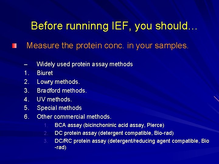 Before runninng IEF, you should… Measure the protein conc. in your samples. – 1. Before runninng IEF, you should… Measure the protein conc. in your samples. – 1.