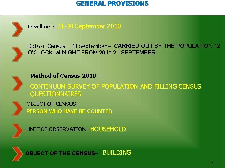 GENERAL PROVISIONS Deadline is 21 -30 September 2010 Data of Census – 21 September