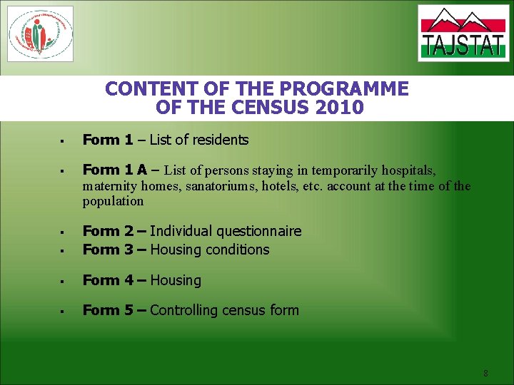 CONTENT OF THE PROGRAMME OF THE CENSUS 2010 § § Form 1 – List