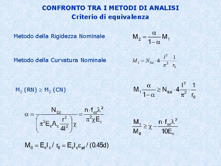 CONFRONTO TRA I METODI DI ANALISI Criterio di equivalenza Metodo della Rigidezza Nominale Metodo