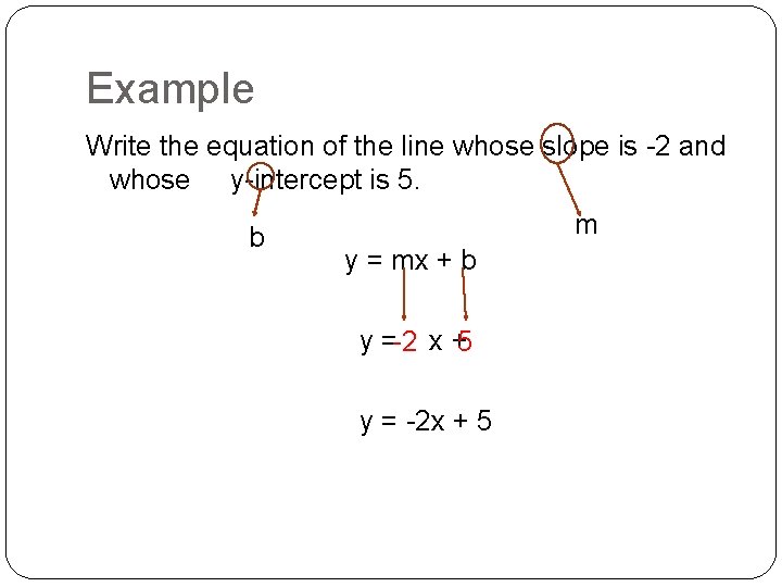 Example Write the equation of the line whose slope is -2 and whose y-intercept Example Write the equation of the line whose slope is -2 and whose y-intercept