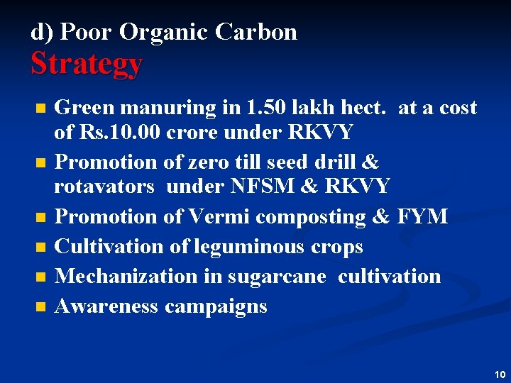 d) Poor Organic Carbon Strategy n n n Green manuring in 1. 50 lakh