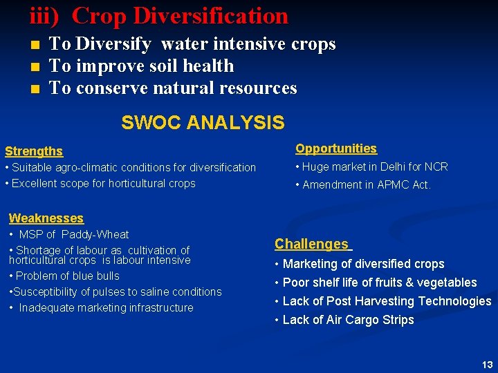 iii) Crop Diversification n To Diversify water intensive crops To improve soil health To