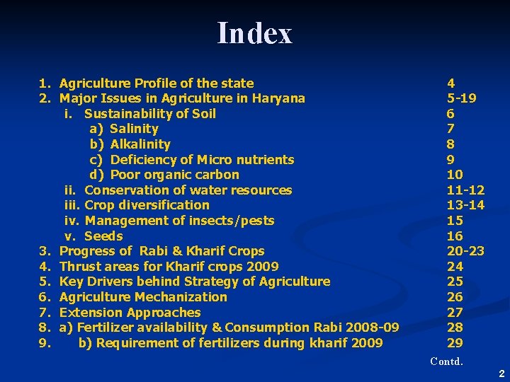 Index 1. Agriculture Profile of the state 2. Major Issues in Agriculture in Haryana