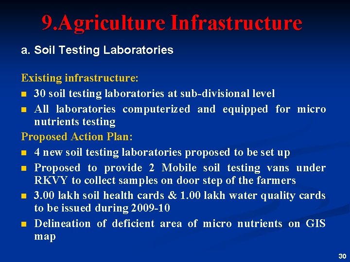 9. Agriculture Infrastructure a. Soil Testing Laboratories Existing infrastructure: n 30 soil testing laboratories