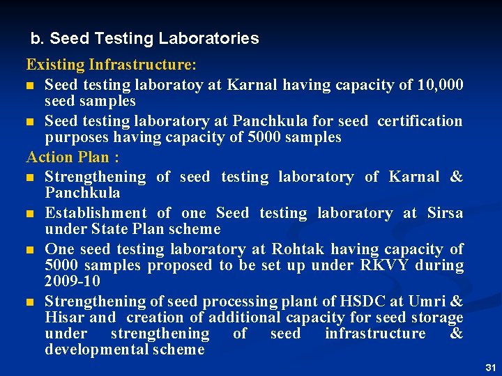 b. Seed Testing Laboratories Existing Infrastructure: n Seed testing laboratoy at Karnal having capacity