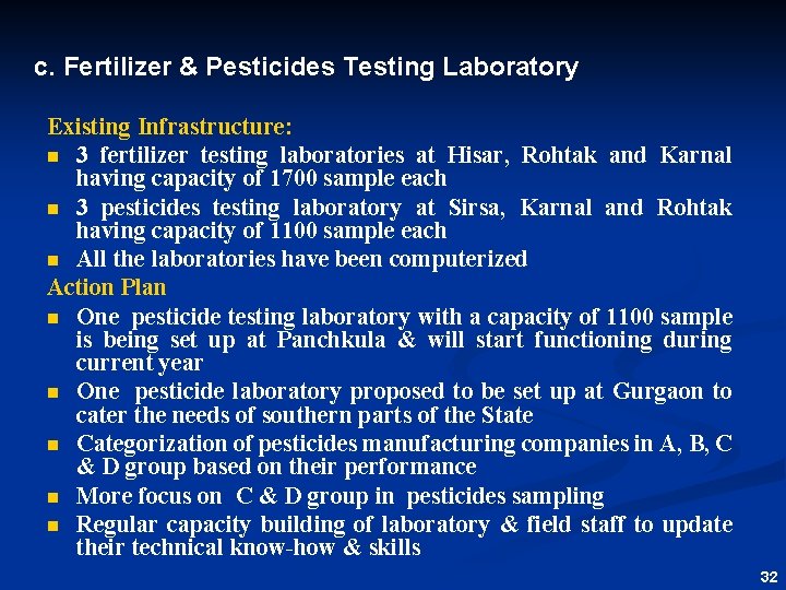 c. Fertilizer & Pesticides Testing Laboratory Existing Infrastructure: n 3 fertilizer testing laboratories at