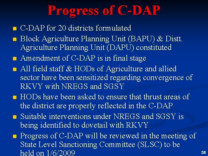 Progress of C-DAP n n n n C-DAP for 20 districts formulated Block Agriculture