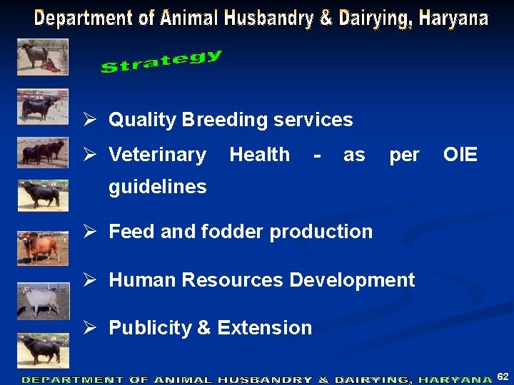 Ø Quality Breeding services Ø Veterinary Health - as per OIE guidelines Ø Feed