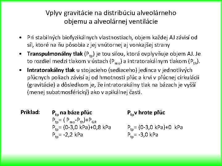 Vplyv gravitácie na distribúciu alveolárneho objemu a alveolárnej ventilácie • Pri stabilných biofyzikálnych vlastnostiach,