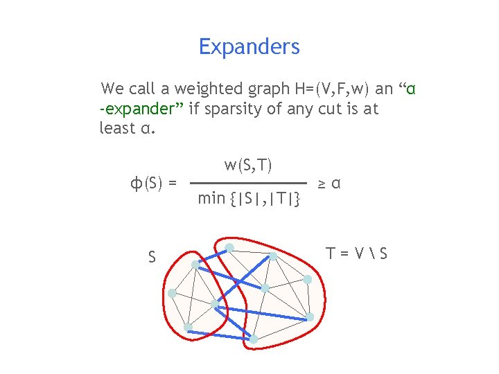 Expanders We call a weighted graph H=(V, F, w) an “α -expander” if sparsity