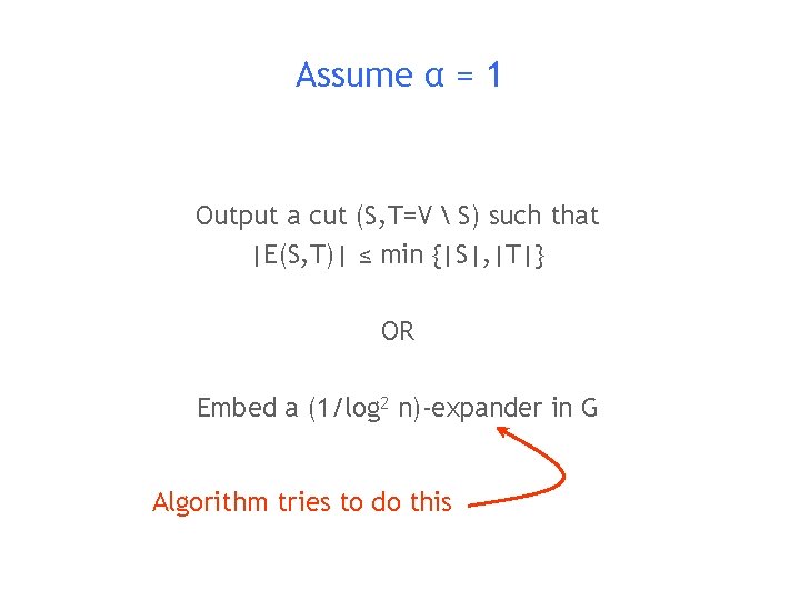 Assume α = 1 Output a cut (S, T=V  S) such that |E(S,