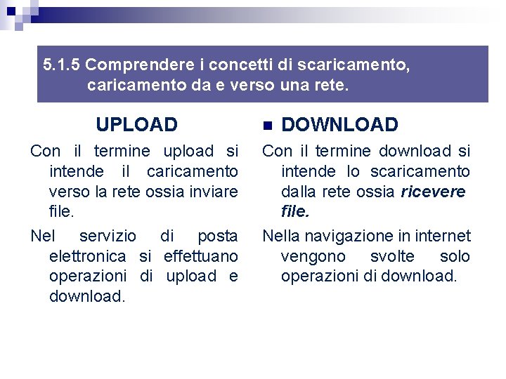 5. 1. 5 Comprendere i concetti di scaricamento, caricamento da e verso una rete. 5. 1. 5 Comprendere i concetti di scaricamento, caricamento da e verso una rete.
