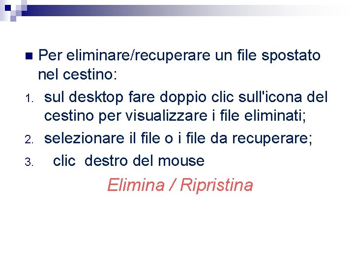 Per eliminare/recuperare un file spostato nel cestino: 1. sul desktop fare doppio clic sull'icona Per eliminare/recuperare un file spostato nel cestino: 1. sul desktop fare doppio clic sull'icona